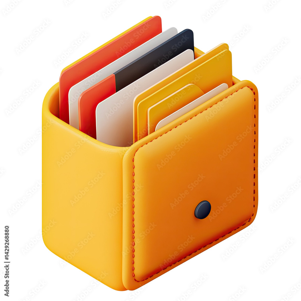 Poster Isometric view of a generic wallet filled with various colorful cards. Rendered on a transparent background showing a stylized design.