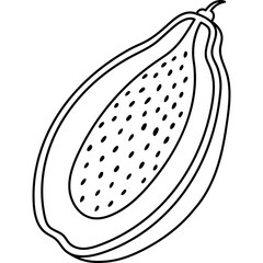 Lovely sketch tropical papaya fruit with seeds cut in half. Outline doodle of summery exotic food for greeting card, printing, social media. Cute ripe tasteful fruit isolated on white background.