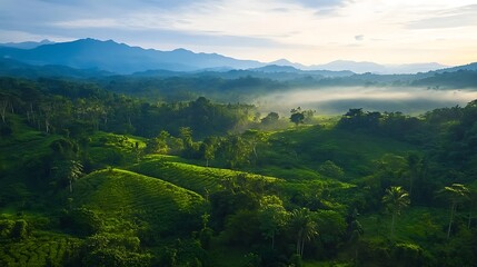 Obraz premium Lush tropical landscape unfolds in a valley.