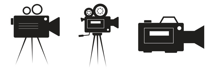 Vintage movie camera icon set of three retro film camera silhouettes on tripods - Cinema and filmmaking vector illustration