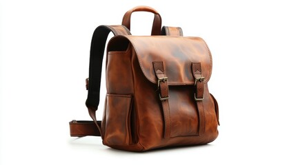 Classic design leather backpack with adjustable shoulder straps and spacious interior, isolate on white background