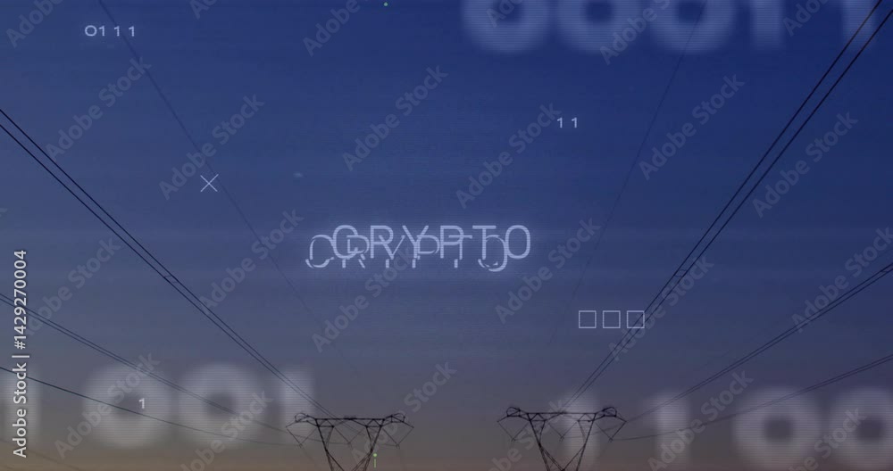 Poster glitchy crypto text drifting across twilight sky, featuring power towers, binary and pixel icons