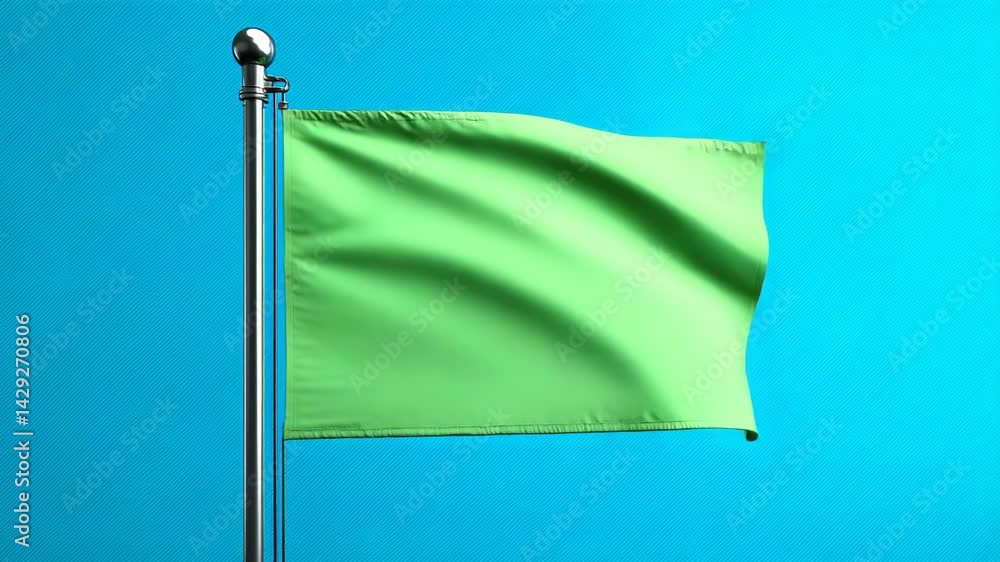 Poster waving chartreuse flag on a chrome pole with a sky blue backdrop, illustrating simplicity, mock-up t