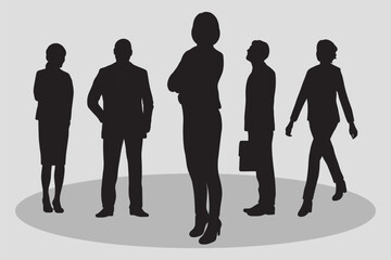 Silhouettes of diverse casual business people standing, walking, men, women full length. Business concept. Black monochrome Vector illustrations isolated on white background.
