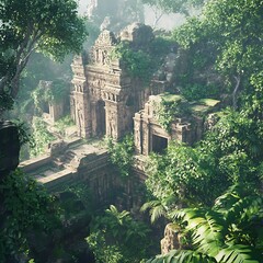 Obraz premium Lush jungle overgrown with ancient, decaying temple ruins.