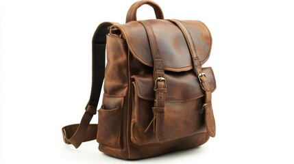 Elegant leather travel backpack with simple and classic design, perfect for urban explorers, isolate on white background