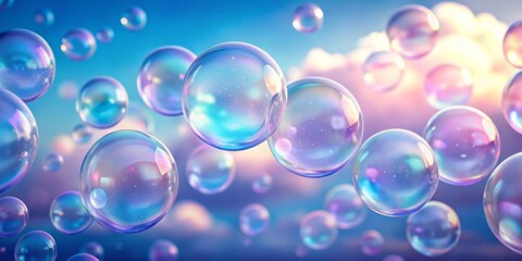 Naklejka premium Ethereal Bubbles Floating in a Dreamlike Sky, Reflecting Pastel Hues and Iridescent Shimmers