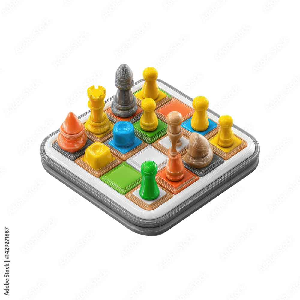 Poster isometric view of a colorful abstract board game with various shaped pieces with glitter on a transp