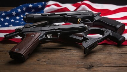 Two black handguns are placed on an American flag spread across a wooden surface. The image juxtaposes symbols of firearms and patriotism, reflecting themes of identity, rights, or national values.