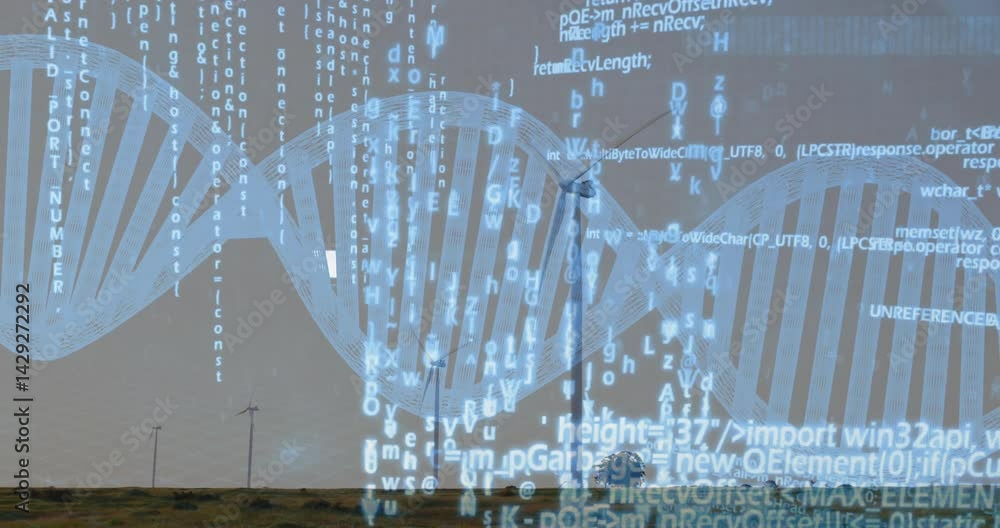 Poster digital helix spanning grassland plain, overlaying code while wind turbines spinning in flat design