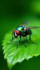 Fototapeta premium Close-up of a green bottle fly resting on a leaf in a garden, green, garden, outdoors