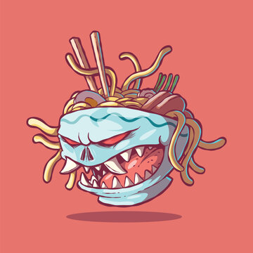 Scary Monster Ramen Bowl Character vector illustration. Food, mascot design concept.