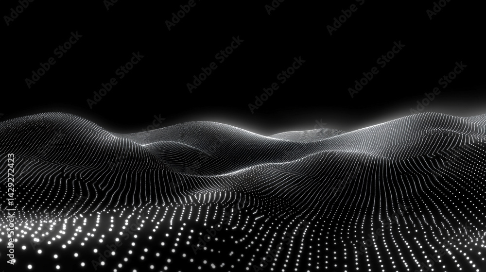 Poster abstract digital wave of particles flows across a dark background, symbolizing futuristic technology