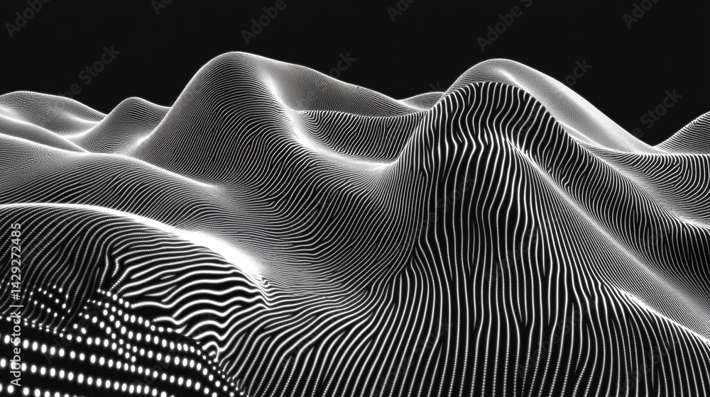 Poster abstract digital wave of particles flows across a dark background, symbolizing futuristic technology