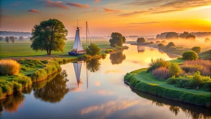 Serene Sunrise over a Calm River with a Moored Sailboat Reflecting on the Still Waters