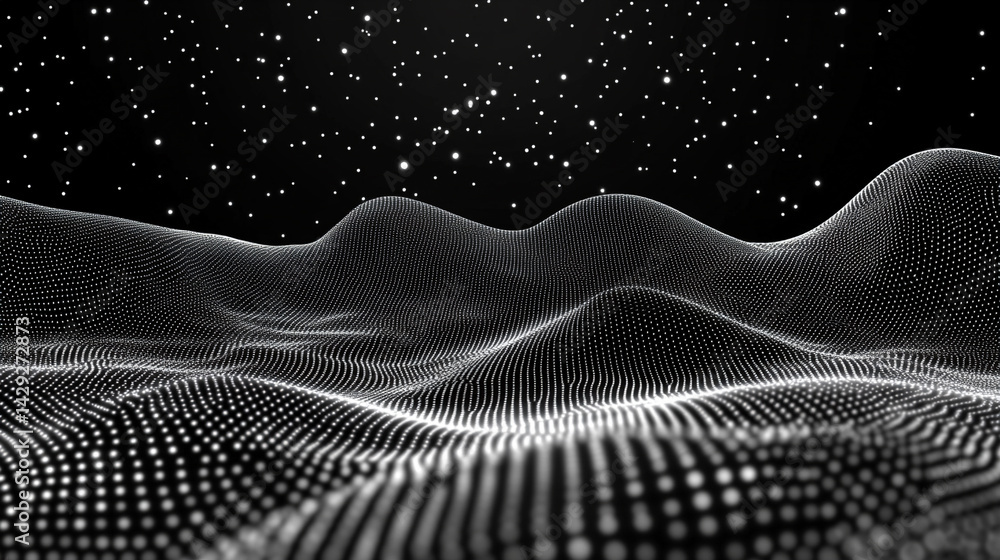 Poster abstract digital wave of particles flows across a dark background, symbolizing futuristic technology