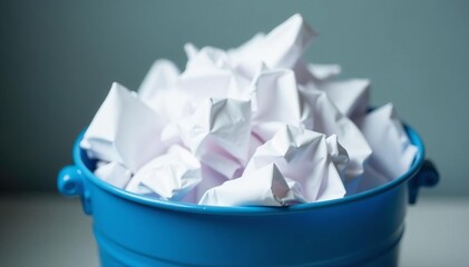 Close-up of blue metal bucket filled with crumpled white paper scraps, blue, scraps, white paper