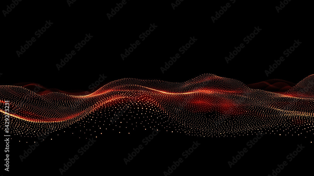 Poster abstract digital wave of particles flows across a dark background, symbolizing futuristic technology