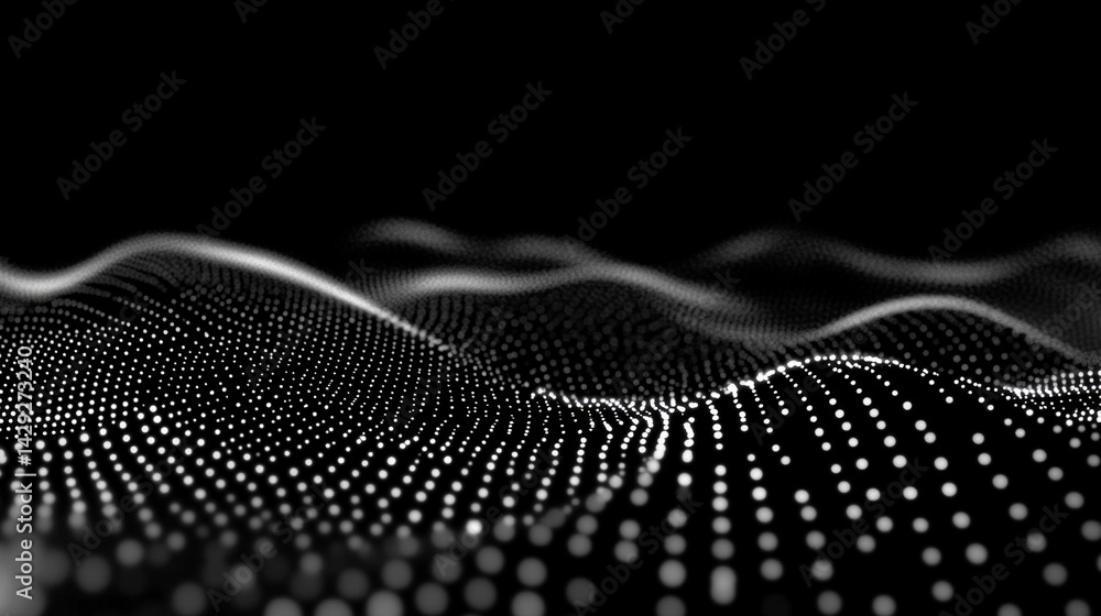 Poster abstract digital wave of particles flows across a dark background, symbolizing futuristic technology