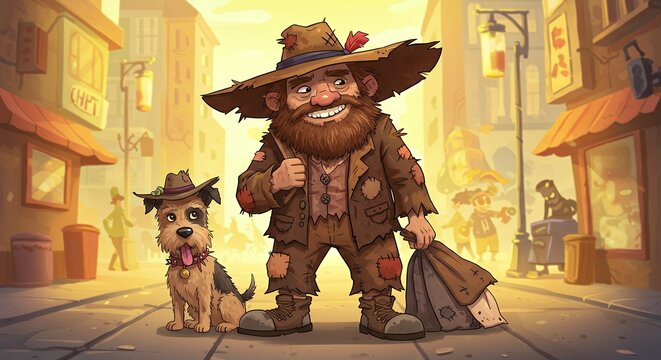 Cartoon beggar and dog in city illustration