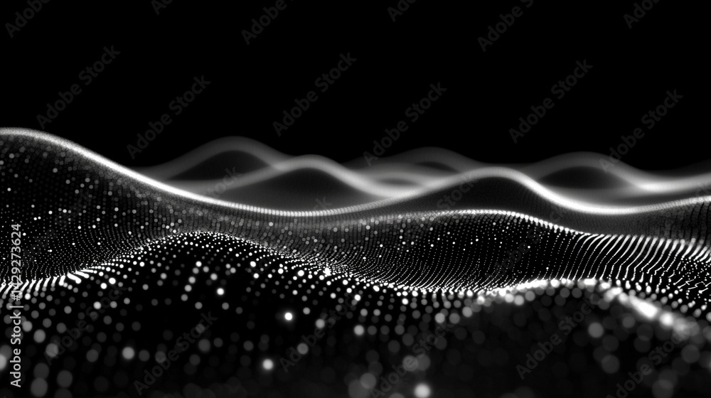 Poster abstract digital wave of particles flows across a dark background, symbolizing futuristic technology