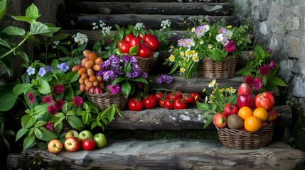 Obraz premium Symbolic representation of harvest baskets overflowing with fruits, vegetables, and floral accents