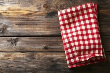 Rustic Red Gingham Tablecloth on Wooden Table Background