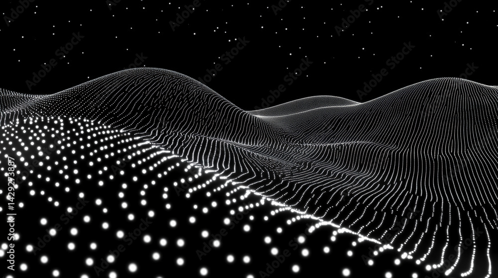 Poster abstract digital wave of particles flows across a dark background, symbolizing futuristic technology