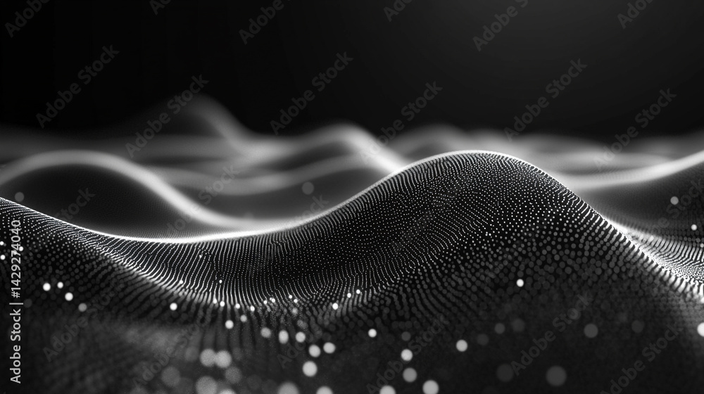 Poster abstract digital wave of particles flows across a dark background, symbolizing futuristic technology