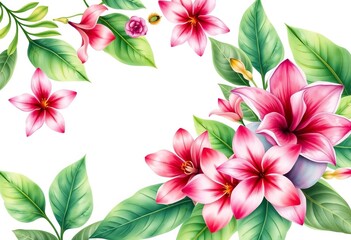 Elegant watercolor pastel tropical floral border, green leaves & blooms on white, tropical, border