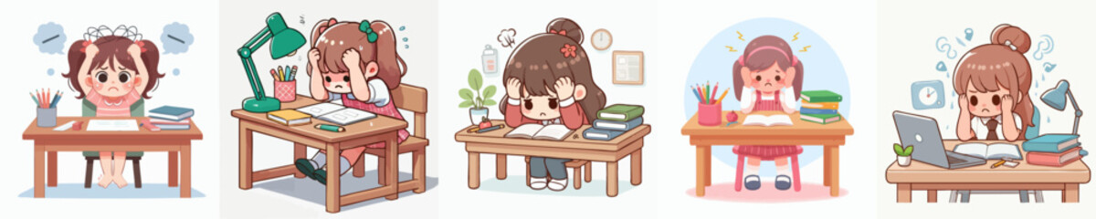 set vector kids falling asleep while studying