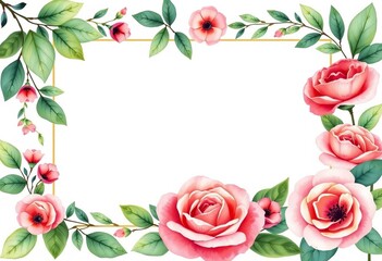 Fototapeta premium Elegant watercolor rose & leaf border, vintage wedding invitation template, wedding, invitation