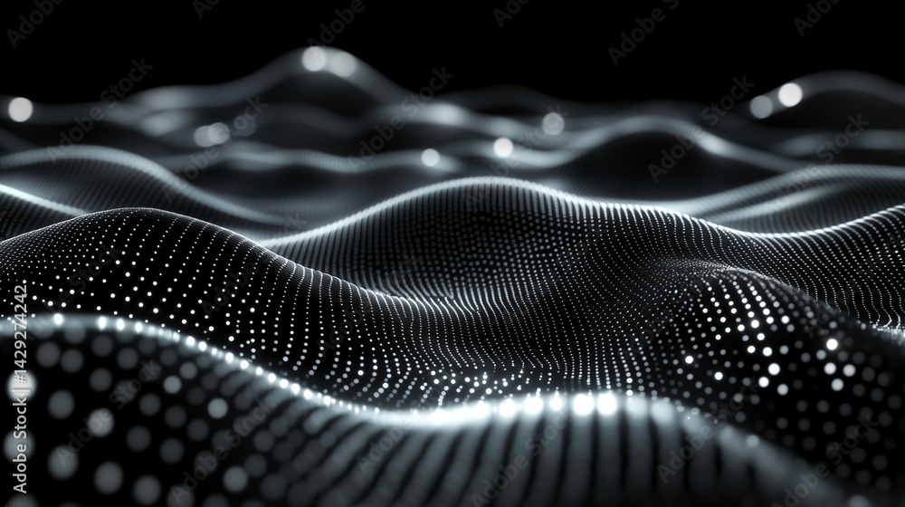Poster abstract digital wave of particles flows across a dark background, symbolizing futuristic technology