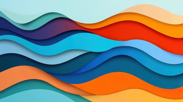 Fototapeta Abstract layered wavy shapes with vibrant teal, orange, blue, and red colors creating a three-dimensional paper cutout effect