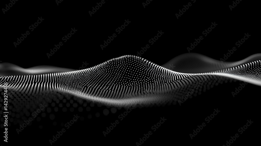 Poster abstract digital wave of particles flows across a dark background, symbolizing futuristic technology