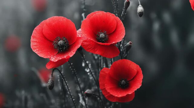 Vibrant red poppy flowers bloom against a muted grayscale background, showcasing delicate petals and intricate seed pods in a floral arrangement.