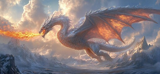 Majestic Ice Dragon Descending Over the Snowy Peaks with Fiery Breath