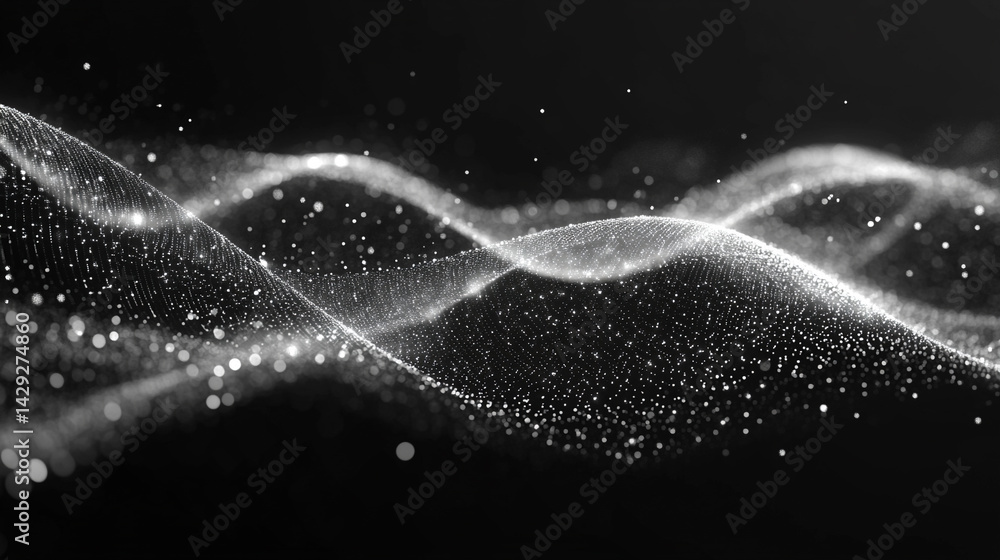 Poster abstract digital wave of particles flows across a dark background, symbolizing futuristic technology