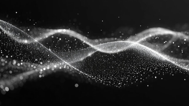 Abstract digital wave of particles flows across a dark background, symbolizing futuristic technology, data movement, AI intelligence, and the interconnected fabric of modern communication systems.

