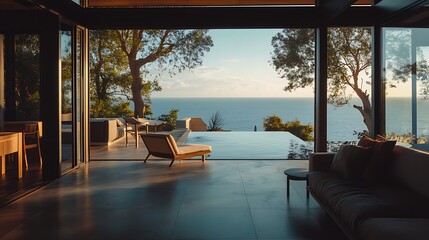 Fototapeta premium Modern coastal home interior showcasing ocean views.