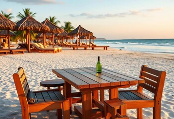 Fototapeta premium Empty wooden table near beach party, inviting space for relaxation, waves, setting