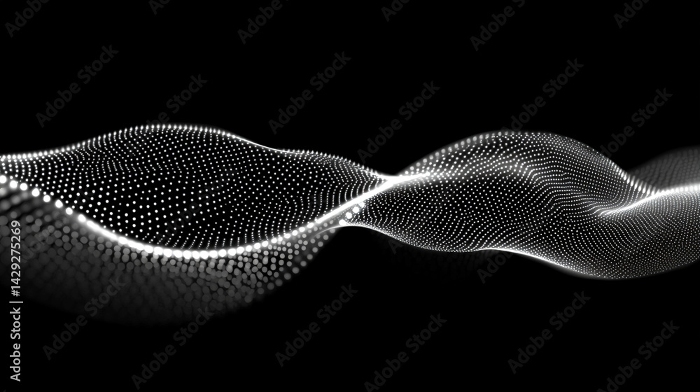 Poster abstract digital wave of particles flows across a dark background, symbolizing futuristic technology