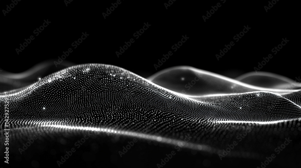 Poster abstract digital wave of particles flows across a dark background, symbolizing futuristic technology