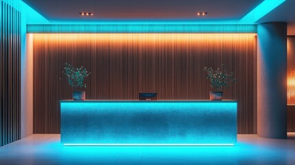 Modern hotel reception desk, teal lighting, wood wall, plants