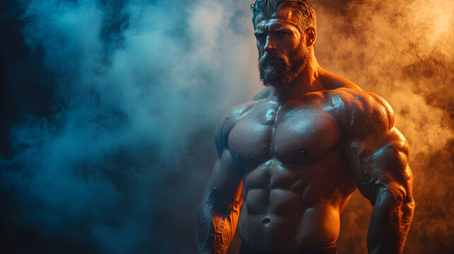 Strong bodybuilder flexing with dramatic lighting and gym smoke effects, emphasizing power and muscle