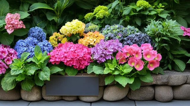 Variety of colorful hydrangea flowers displayed in a garden bed with a stone border and an empty sign