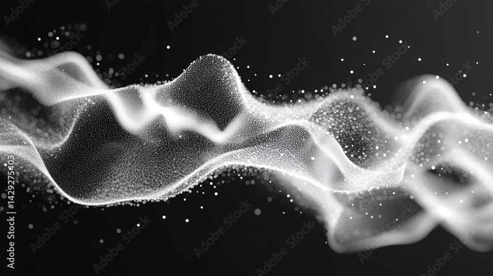 Poster abstract digital wave of particles flows across a dark background, symbolizing futuristic technology