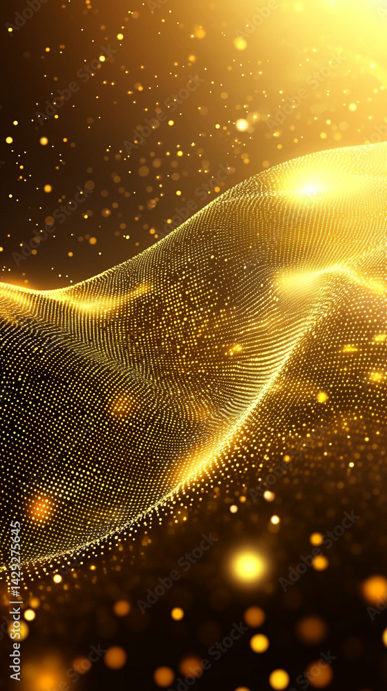 Poster abstract digital wave of particles flows across a dark background, symbolizing futuristic technology