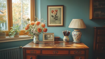 A small vintage desk in a corner of a room, with a floral photograph, antique lamp, and fresh flowers in a porcelain vase