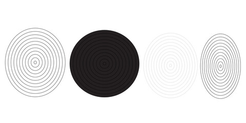Black concentric circle set. Sonar or sound wave ring collection. Dotted and linear epicentre, target, radar icon concept. Ripple radial signal or vibration elements. Vector line and halftone symbols